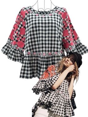 Anthropologie Pankaj & Nidhi Gingham Peplum Top Floral Appliqué Sleeves Size S